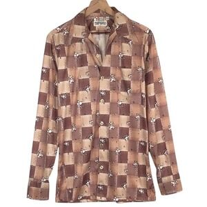 VTG SPIRE California 70s Button Up Shirt M Tall Brown Plaid‎ Floral Disco Dagger